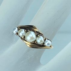 Very Nice Half Hoop Ring, 10k Rose Gold, It Nestling Five Cultured Pearls, 3.5mm And 5.0mm. Weight 3.4 G, Size 6.25, Hallmark 10k Hoop Ring, Cultured Pearls, Womens Jewelry Rings, Red Gold, Hallmark, Womens Sizes, Rose Gold, Women Jewelry, Size 6