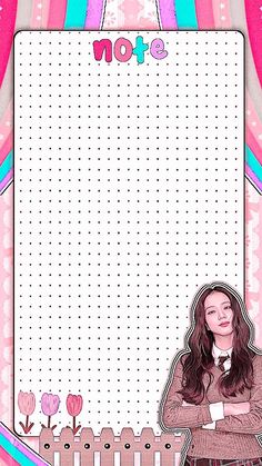 a girl standing in front of a pink and blue background with an empty note pad