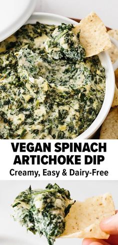 vegan spinach artichoke dip in a white bowl with tortilla chips