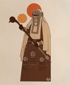 an illustration of a person holding a stick and wearing a headdress, with circles in the background