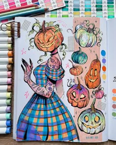 a drawing of a girl with pumpkins on her head and other halloween decorations in the background