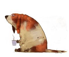 a brown and white dog sitting next to a cup