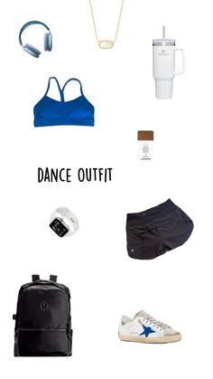 the words dance outfit are written in black and white, along with various items such as shoes