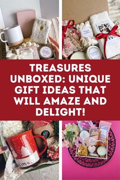 some gifts that are on top of a bed with the words treasures unboxed unique gift ideas that will amaze and delight