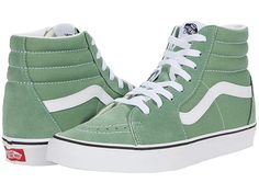 Vans SK8-Hi - Skate Shoes : Shale Green/True White : Keep it old school every step of the way with the classic Vans SK8-Hi skateboard shoes! High-top skate shoes with a classic silhouette and Sidestrap detail. Uppers of suede, leather, or canvas. Cotton drill lining. Padded collar for added comfort and support. Triple-stitch collar adorns collar. Die-cut EVA insert. Vulcanized construction: • Slimmed-down profile offers a flexible feel. • Gum rubber outsole with signature waffle tread provides s How To Tie Shoes, Shoes Pattern, Dr Shoes, Preppy Shoes, Kicks Shoes