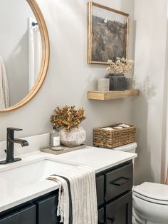 a bathroom with a sink, toilet and mirror