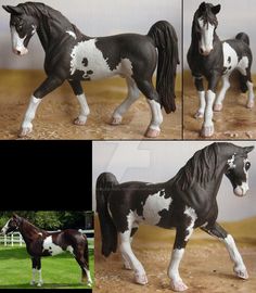 three pictures of a black and white horse in various stages of being painted with acrylic paint