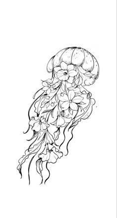 a drawing of a jellyfish with flowers on it's head and long tentacles