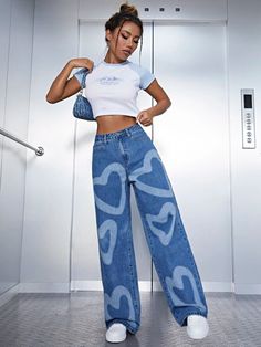 High Waist Heart Print Wide Leg Jeans | SHEIN USA Girls Outfit Ideas Summer, Shein Outfits, Cute Outfits For School, Indie Outfits, Simple Trendy Outfits, Really Cute Outfits, Cute Simple Outfits, Outfit Casual