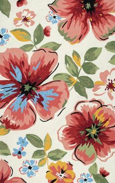 an area rug with red and blue flowers on white background, including one large flower in the center