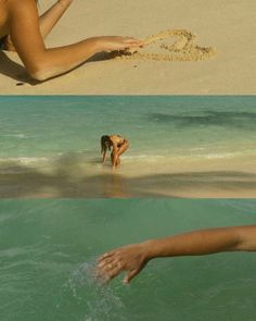 two pictures one showing a woman in the water and another with her hand out to someone on the beach