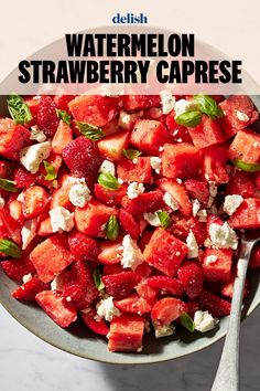 watermelon, strawberry and feta caprese salad in a bowl