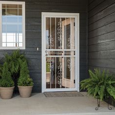 two potted plants sitting on the side of a house with an iron gate and glass door