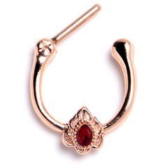 Product Details16 Gauge 5/16 Red Gem Rose Gold Tone Firey Flame Cartilage Clicker Look like fire when you are rocking this 16 gauge septum ring. It is made with an 8mm rose gold tone PVD over 316L surgical grade stainless steel hinged straight barbell. It features a drop charm, resembling a flame and embellished a large red gem center. The hinged, clicker design makes insertion and removal a snap and you can rock it in multiple piercings including tragus, helix, and some conch piercings. You wil Court Attire, Gauge Septum, Conch Piercings, Septum Piercing Jewelry, Multiple Piercings, Ombre Lips, Septum Jewelry, Conch Piercing, Tragus Piercings