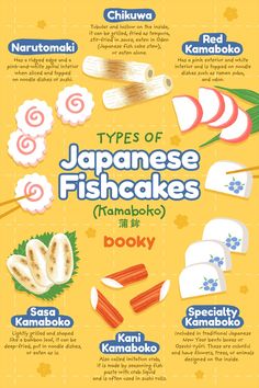 the types of japanese fishcakes are shown in this poster, which shows how to make