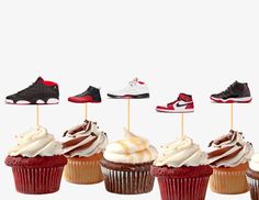 a row of cupcakes with different types of shoes on top of each one