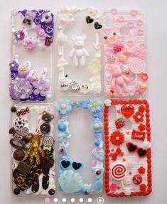 six cell phone cases with different designs and shapes on them, all decorated in various colors