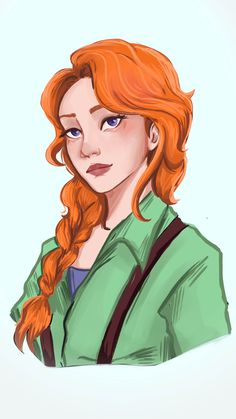 a drawing of a woman with red hair and blue eyes, wearing a green shirt