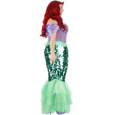 the little mermaid is dressed in green and purple