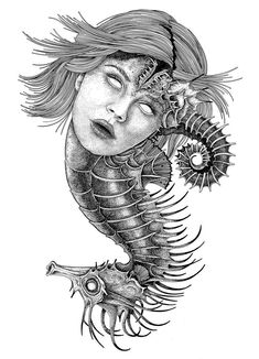 a black and white drawing of a woman with her head in the shape of a seahorse