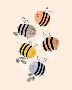 three bees flying through the air with leaves and dots on their backs, one has eyes closed