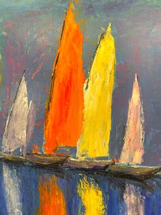 an oil painting of sailboats on the water with orange and yellow sails in motion