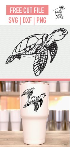 a coffee cup with a drawing of a sea turtle on it and the words free cut file svg dxf / png