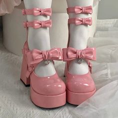 Hot Pink High Heels, Velvet High Heels, Cute Shoes Heels, Kawaii Shoes, Mid Heel Shoes, Girls Heels, Cute Heels, Milky White, Leather High Heels