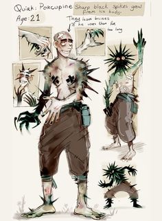 a drawing of a man with plants on his head and hands in front of him