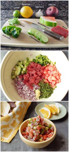 three pictures showing different types of food on plates and in bowls, with the same ingredients