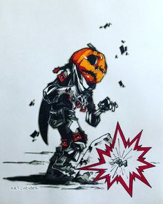 a drawing of a skeleton riding a motorcycle with an orange helmet on it's head