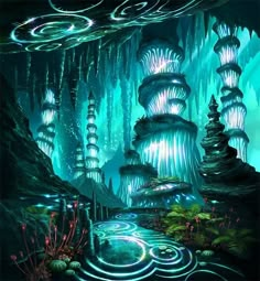 a painting of an underwater scene with plants and trees in the water, surrounded by ice formations