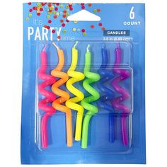 it's party time candles in assorted neon colors, 6 count each pack