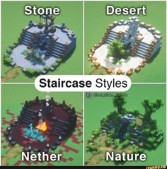 four different types of minecraft structures with text that reads stone desert, staircase styles, nether nature