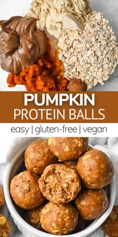 pumpkin protein balls in a white bowl with chocolate and oatmeal on the side