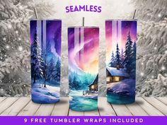 three tumbler wraps with the image of a cabin in the snow and trees