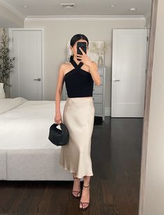 Classy Skirts Outfits, Petite Formal Outfit, How To Style A Slip Skirt, Silk Skirt Summer Outfit, Evening Attire For Women, Champagne Satin Skirt Outfit, Short Silk Skirt Outfit, Silk Black Skirt Outfit, Skirt Outfits Formal