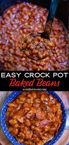 baked beans in a crock pot with the words easy crock pot baked beans