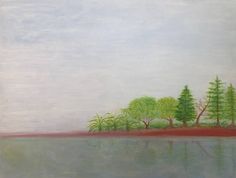 a painting of trees and water on a cloudy day