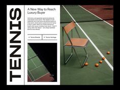 an advertisement for tennis equipment with orange balls on the ground next to a chair and racket