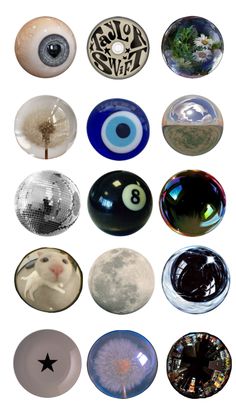 an array of different types of glass balls and magnets on a white background, including one with the number eight