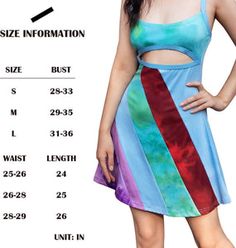 a woman wearing a colorful dress with her measurements