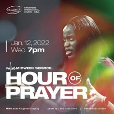 a poster for the hour of prayer with an image of a woman pointing to her right