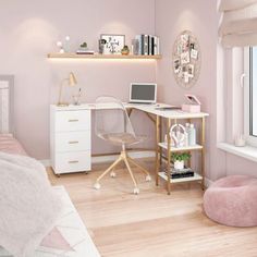 a bedroom with pink walls and white furniture, including a bed, desk, chair, computer