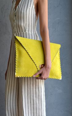 Leather Clutch Pattern, Yellow Envelope, Yellow Clutch, Rehearsal Dinner Outfits, Rehearsal Dinner Dresses, Yellow Handbag, Large Clutch, Suede Handbags, Girls Handmade