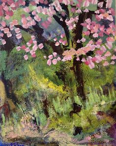 a painting of a tree with pink flowers