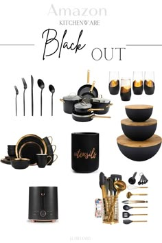 black and gold kitchenware is featured in this ad