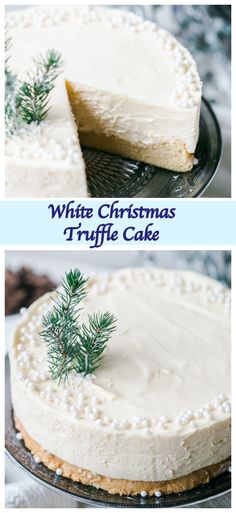 white christmas truffle cake with pine sprig on the top and bottom