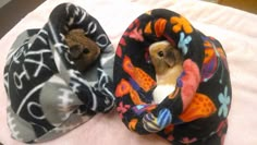 two small dogs are wrapped in blankets on a bed together, one is brown and the other is tan