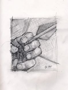 a drawing of a person holding something in their hand with the other hand on top of it